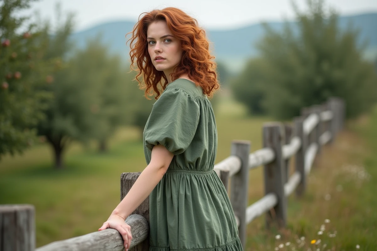Femme rousse en robe paysanne à volants en lin vert sauge dans un verger rustique, coupe midi étagée avantageuse pour toutes les morphologies