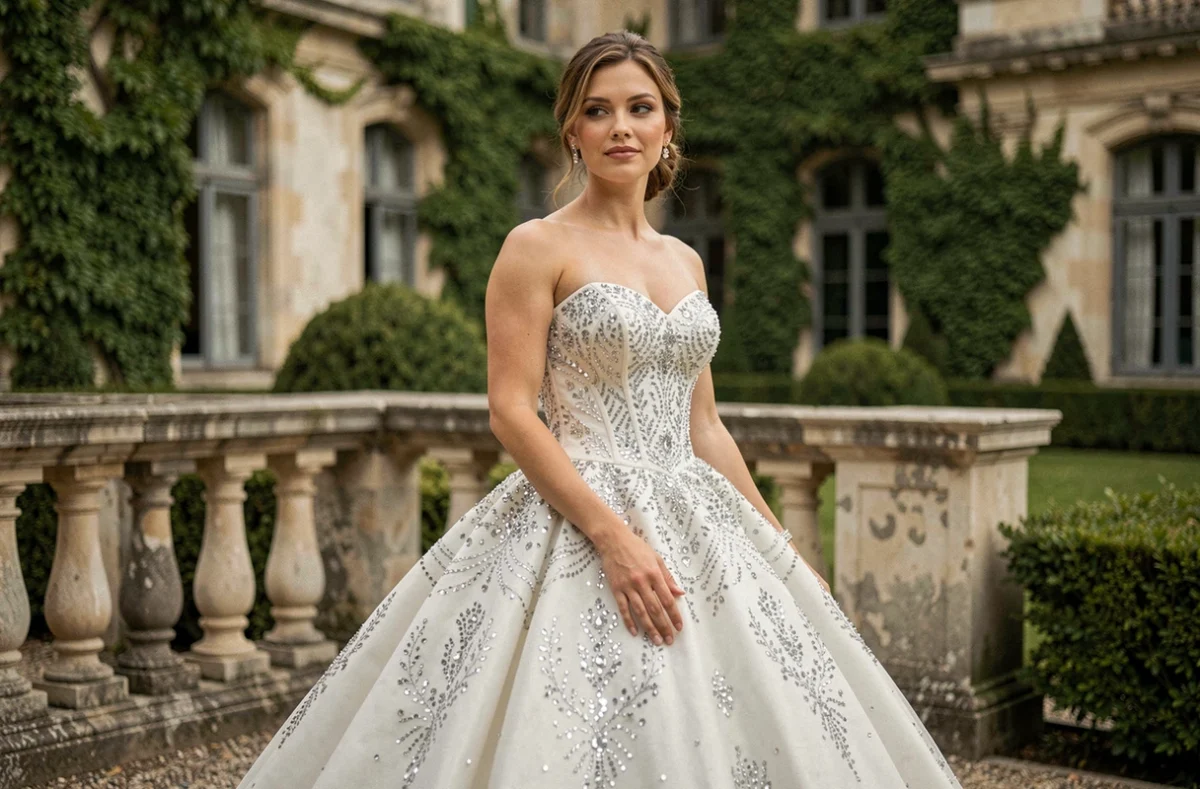 Mariée en robe princesse à sequins argentés et strass dans un jardin de château français, prise de vue trois quarts