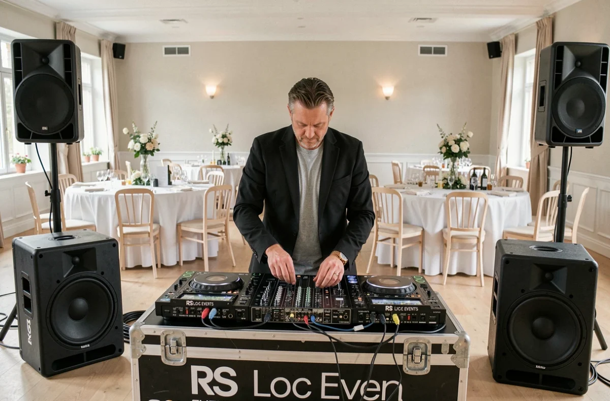 DJ RS Loc Events préparant son installation sonorisation avant une réception de mariage dans le Nord