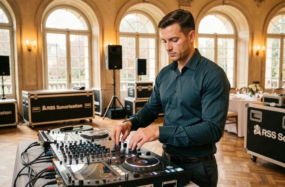 DJ RSS Sonorisation contrôlant les niveaux audio dans une salle de réception classique du Nord de la France