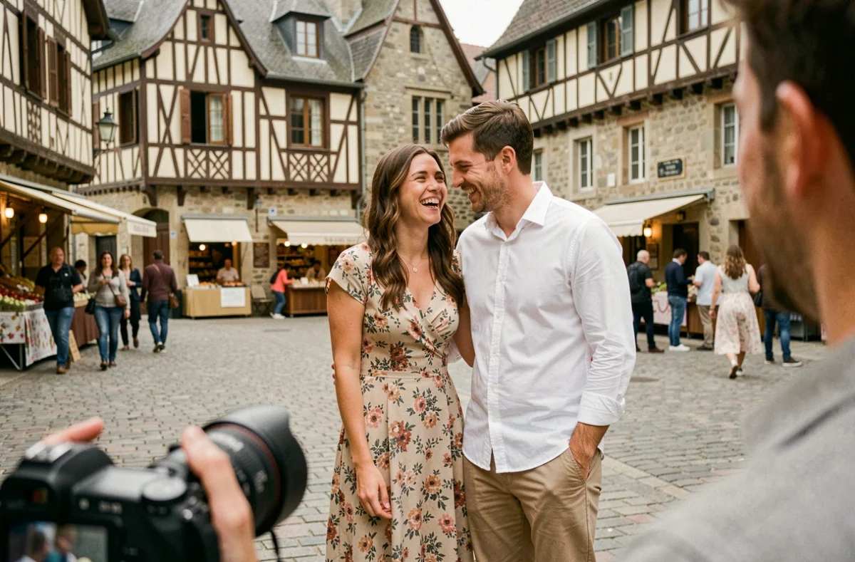 Séance photo de couple dans le centre historique de Chalon-sur-Saône avec façades à colombages