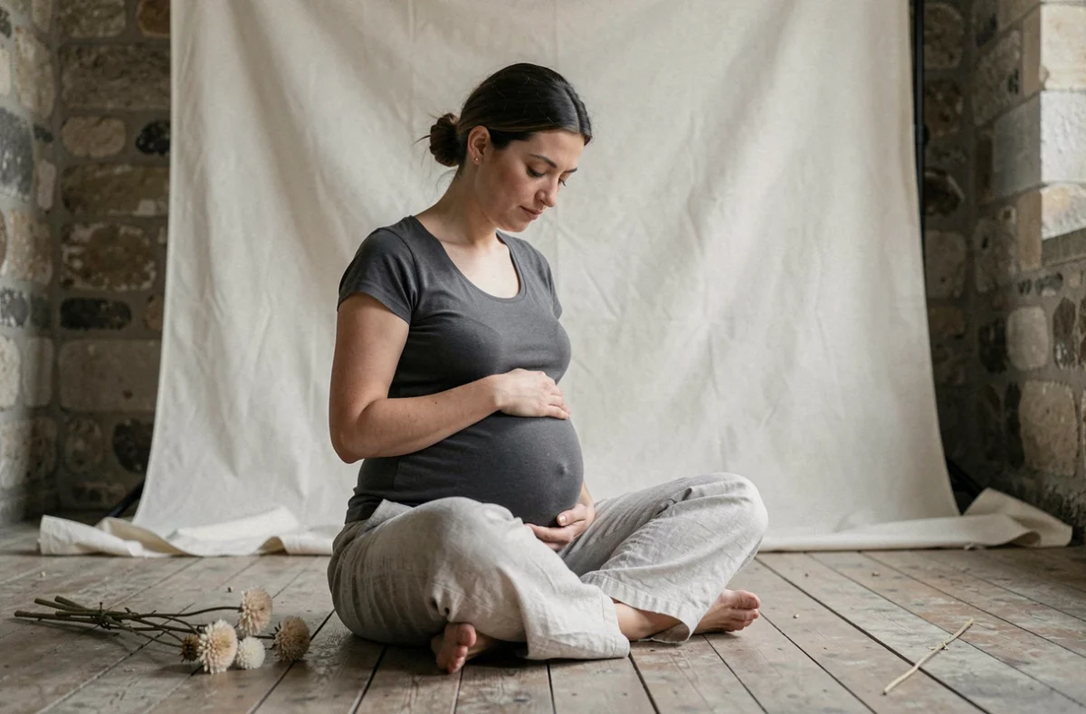 Femme enceinte assise sur le sol d'un studio photo minimaliste avec murs en pierre à Montpellier, séance grossesse intérieure