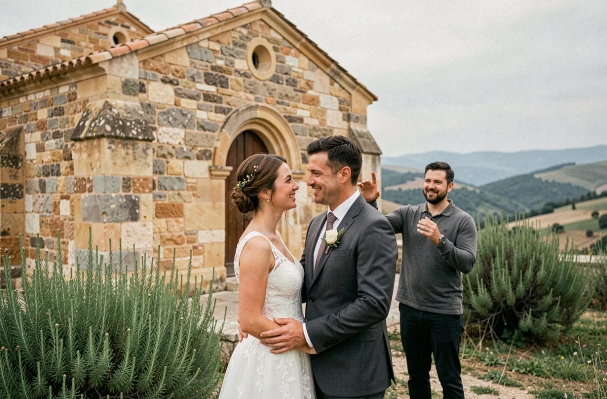 Séance photo de couple lors d'un mariage en Ardèche, avec photographe professionnel guidant les mariés devant une chapelle en pierre près d'Aubenas