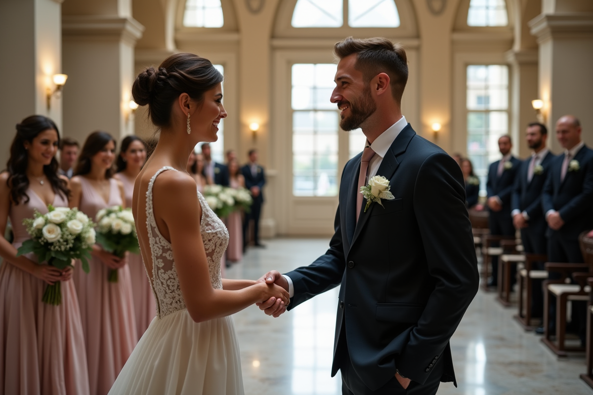 Un couple échange un serrage de main dans une mairie moderne