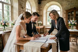 Couple de mariés signant un contrat avec un coordinateur dans un château élégant pour leur mariage en domaine