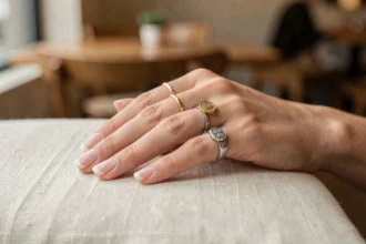 Main de femme portant des bagues symboliques sur différents doigts, posée sur du lin crème