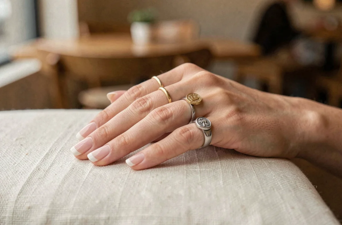 Main de femme portant des bagues symboliques sur différents doigts, posée sur du lin crème