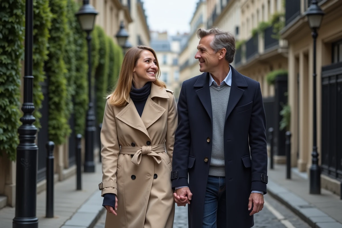 Couple élégant marchant sur une rue pavée parisienne, illustrant la discrétion et la complicité dans le mariage de Sophie Jovillard