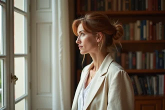 Femme élégante en blazer ivoire dans un appartement parisien, évoquant la vie privée et le mystère du mariage de Sophie Jovillard