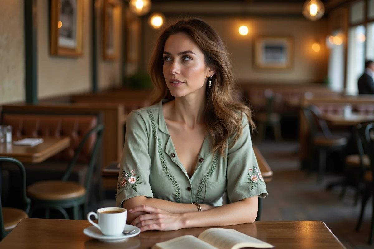 Femme pensive attablée dans une brasserie parisienne avec un carnet ouvert, symbolisant le mystère et la discrétion entourant la vie privée de Sophie Jovillard