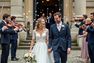 Couple de mariés sortant de la mairie sous une pluie de pétales de fleurs avec un quatuor à cordes en arrière-plan