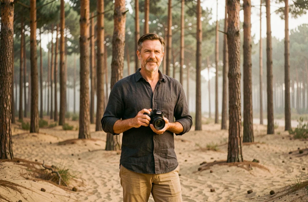 Stephane Amelinck, photographe de mariage en Nouvelle-Aquitaine, devant une forêt de pins des Landes avec son appareil photo professionnel