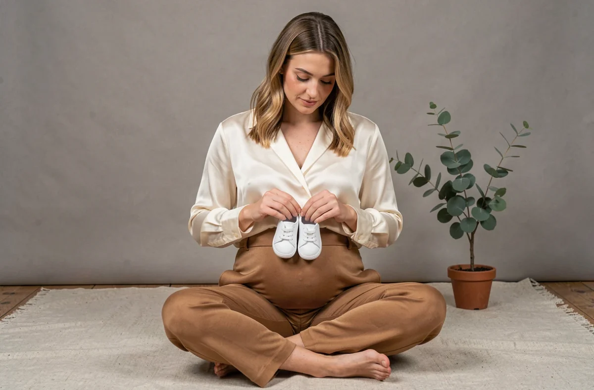 Femme enceinte tenant des chaussures de bébé dans un studio photo professionnel à Épernay