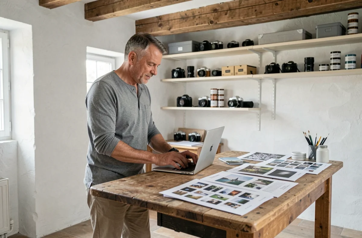 Photographe masculin révisant son portfolio dans un studio photo professionnel à Aubenas, avec équipements et tirages disposés sur un bureau en bois