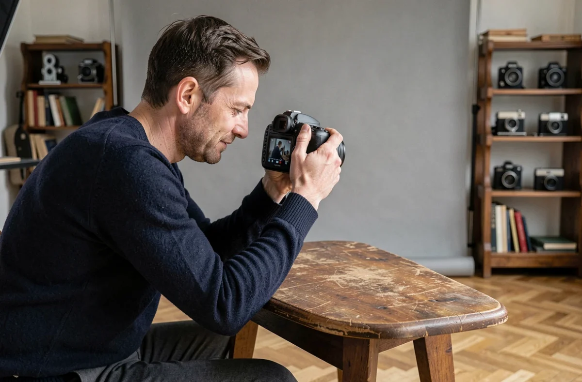 Photographe masculin dans un studio photo professionnel à Chalon-sur-Saône révisant ses clichés