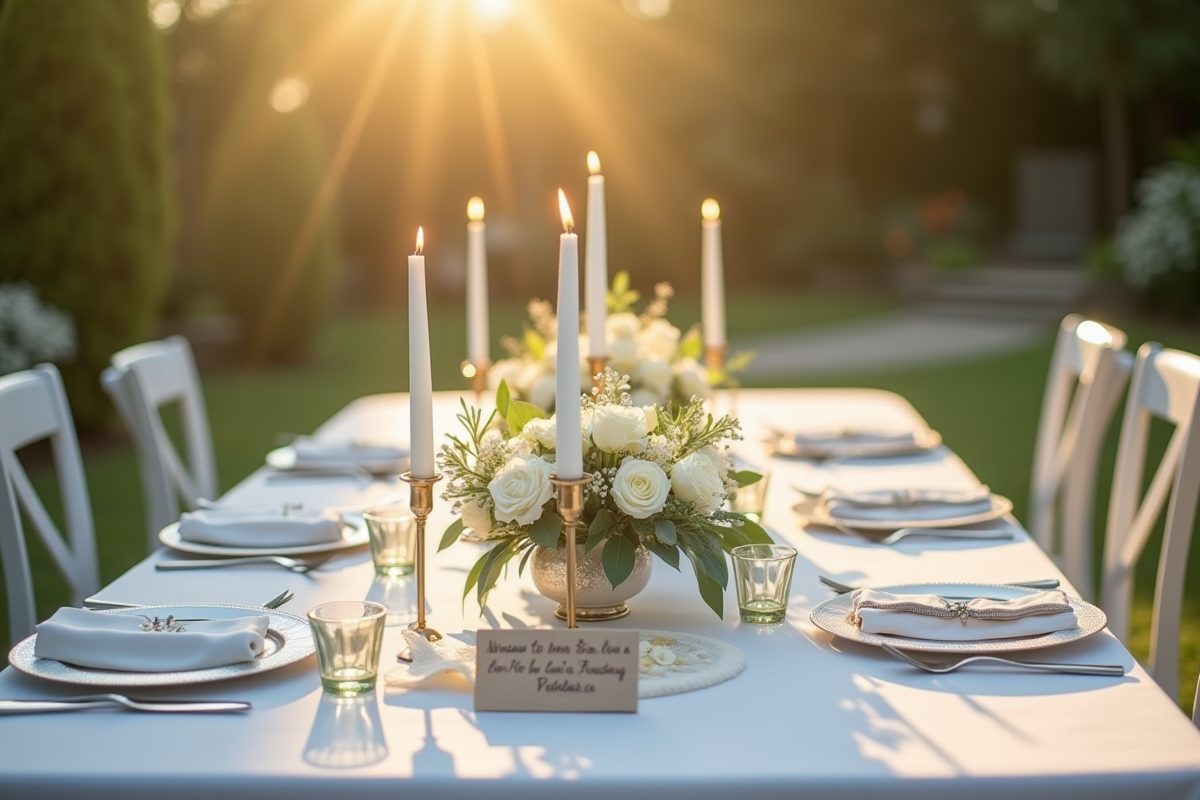 Table décorée pour un anniversaire de mariage avec fleurs et bougies
