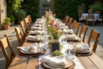 Table de mariage rustique décorée avec des assiettes vintages, des fleurs sauvages et des menus ardoise pour un mariage à petit budget