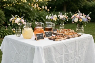Table de vin d'honneur mariage petit budget décorée avec des pichets de boissons, des fleurs sauvages en bocaux et des plateaux de finger food rustiques dans un jardin