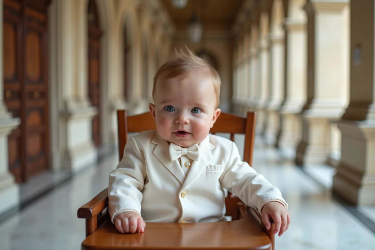 Bébé garçon en tenue de cérémonie blanche dans un couloir de mairie française