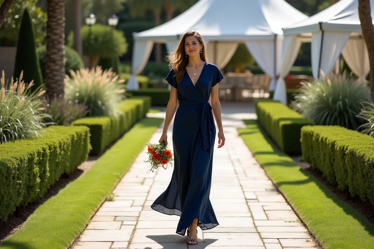 Invitée de mariage en longue robe portefeuille bleu marine en satin marchant dans un jardin de réception en plein air