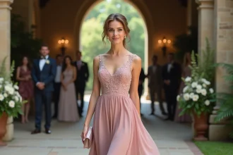 Invitée de mariage en robe midi rose poudré avec corsage en dentelle devant une église en pierre décorée de fleurs