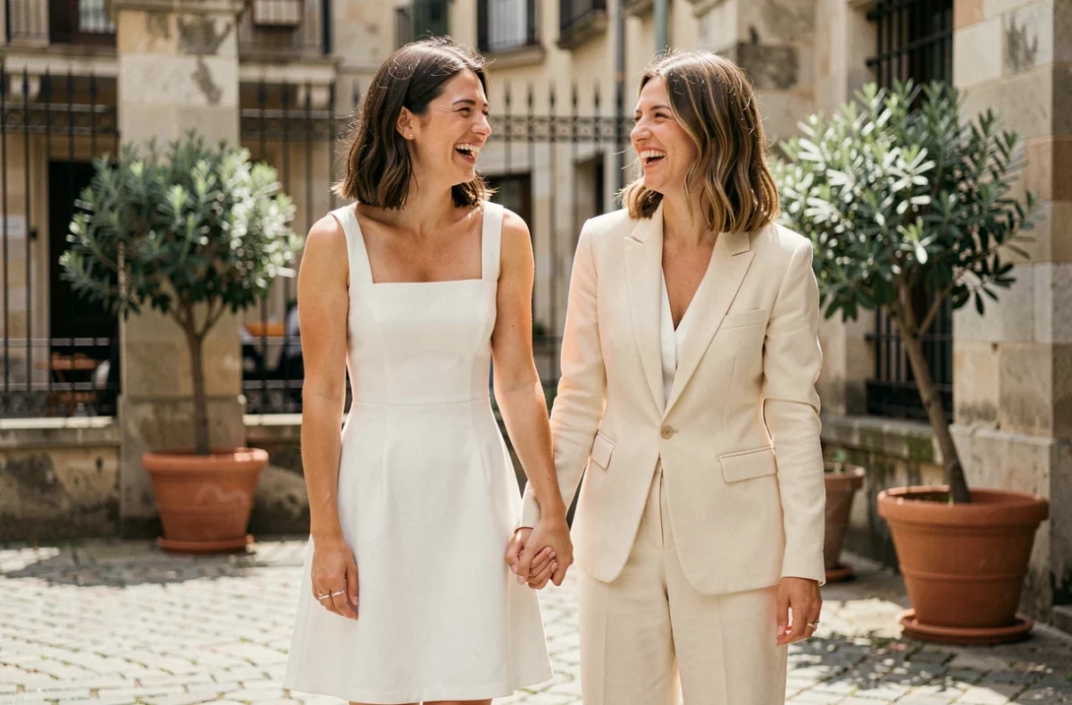 Deux mariées souriantes en tenue de mariage civil minimaliste dans une cour pavée ensoleillée, robe blanche et costume crème