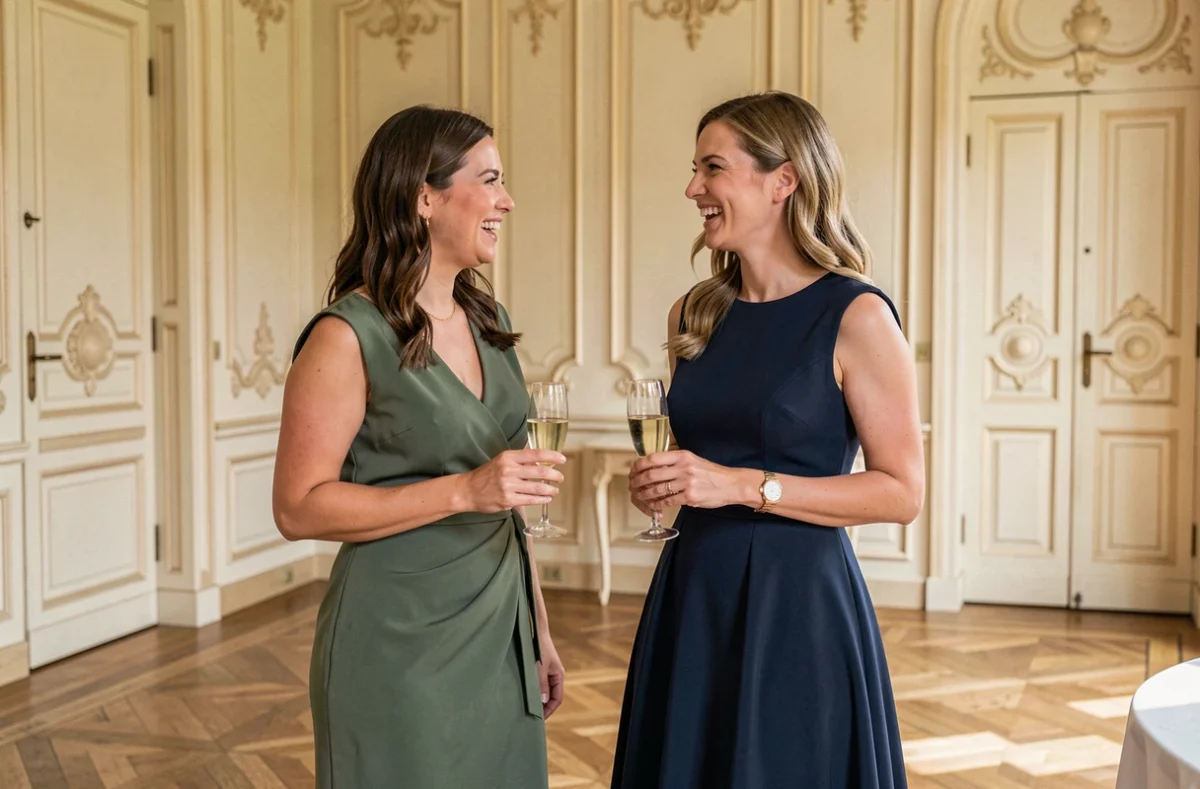 Deux femmes en robes habillées chic invitées à un mariage dans un château, tenues élégantes de cérémonie