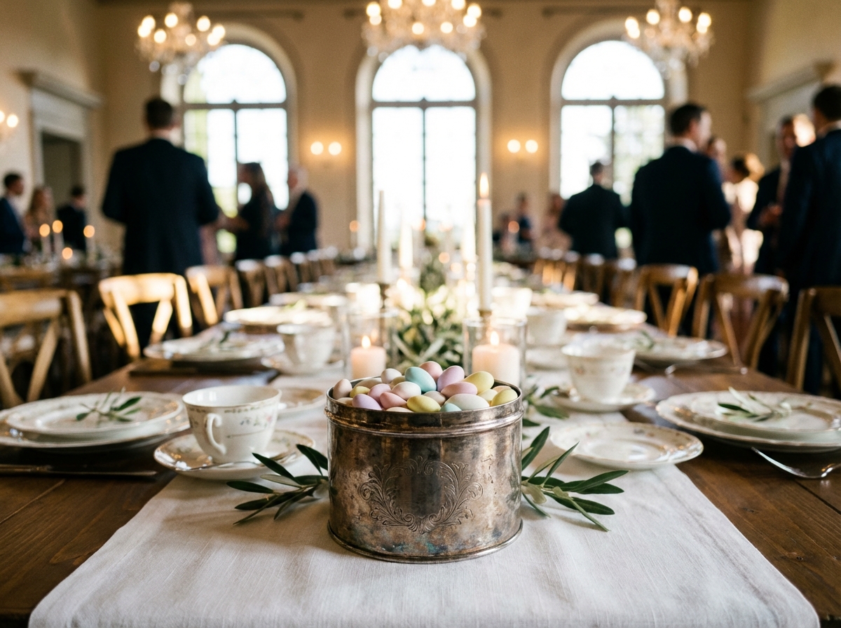 Boîte en argent remplie de dragées pastel sur une table de fête