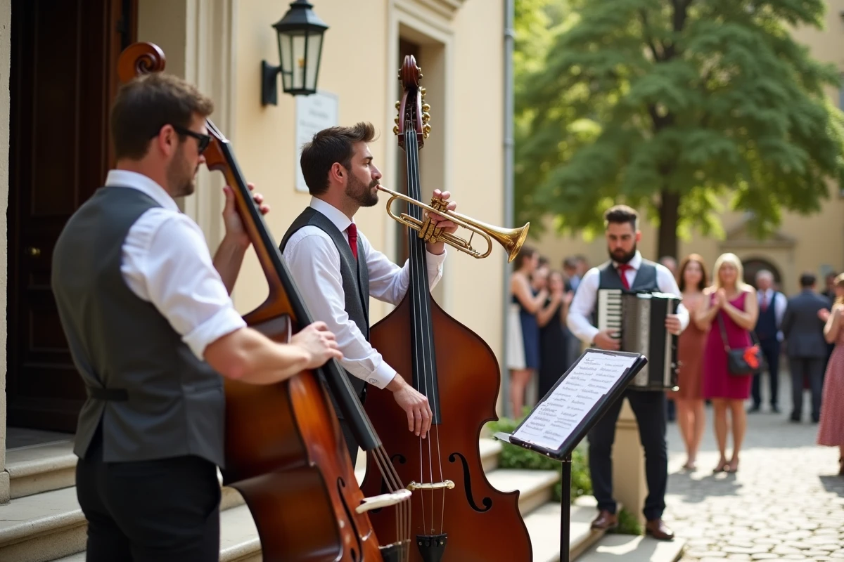 Trio de jazz jouant devant une mairie lors d'une sortie de mariage originale dans un village français