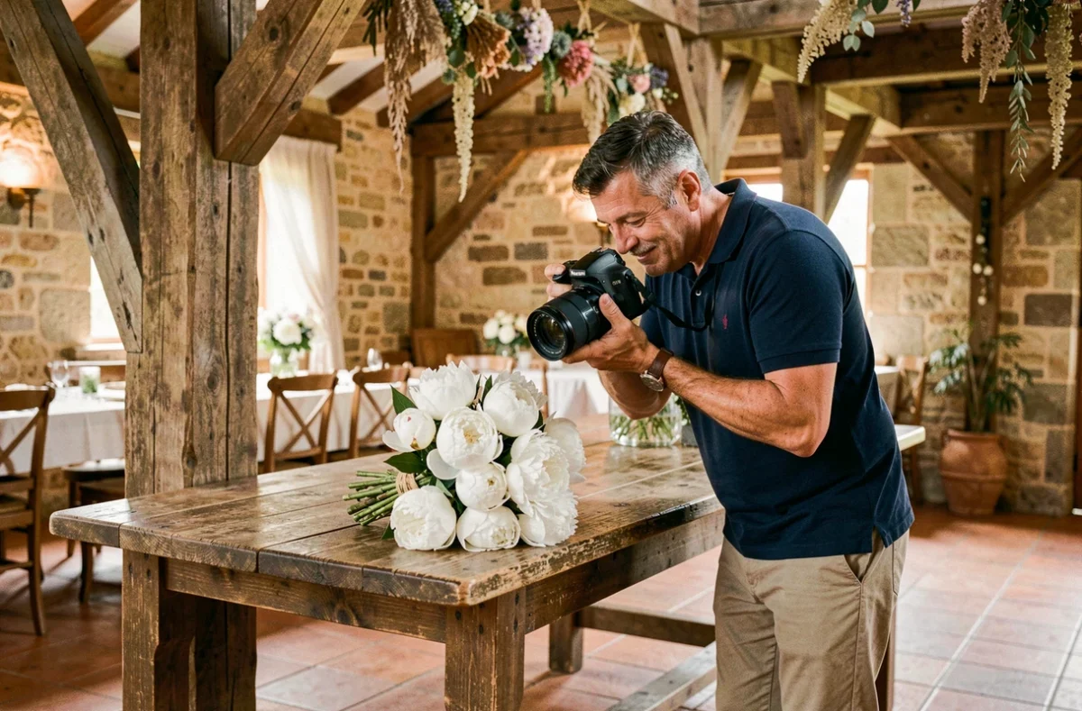 Vincent Dupin, photographe de mariage à Agen, photographiant les détails floraux d'un mariage dans une grange rustique du Lot-et-Garonne