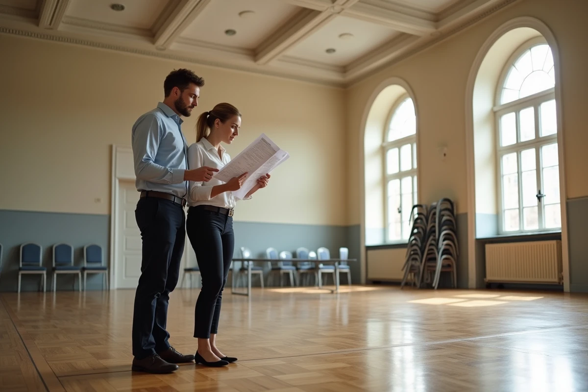 Couple visitant une salle des fêtes municipale vide pour comparer les options de location