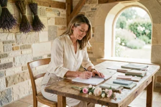 Wedding planner femme consultant un carnet de budget avec des échantillons de tissu et fleurs pour un petit mariage intimiste en venue champêtre