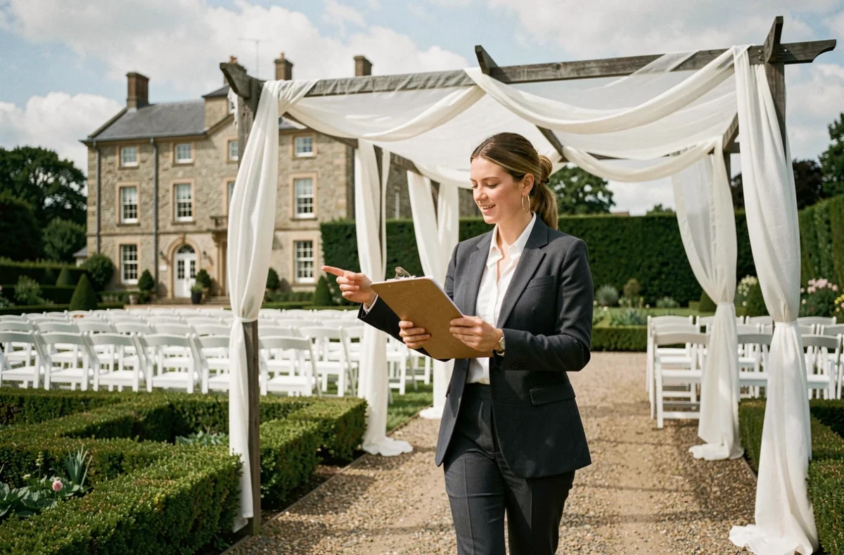 Planificatrice de mariage vérifiant une check-list dans un domaine avec pergola et allée de chaises pour cérémonie en plein air
