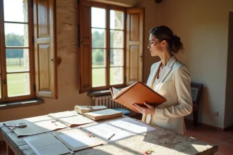 Wedding planner professionnelle consultant son portfolio dans un mas provençal du Var, entourée d'échantillons de tissu et de fleurs pour un mariage de luxe