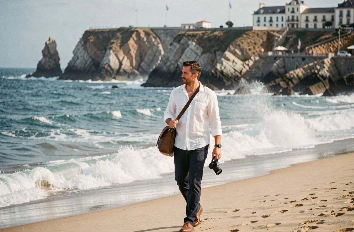 William Desse, photographe de mariage à Biarritz, marchant le long de la côte atlantique avec son équipement photographique