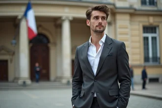 Jeune homme en costume devant une mairie française, illustrant un article sur le mariage de Yoann Usai